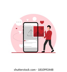 a man upload image, content to social media on mobile phone device. photo sharing concept illustration flat design vector. simple and modern style graphic elements for website, web pages