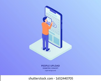 man upload image file to social media sharing with isometric style