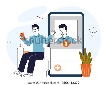 Man uploading image. Young guy with smartphone takes selfie. Popular blogger creates content for social networks. Picture and photo. Linear vector illustration isolated on white background