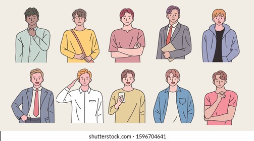 Man upper body character set in various styles   gestures  hand drawn style vector design illustrations  