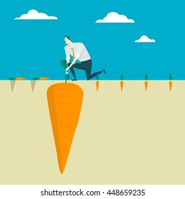 The man uprooting fresh carrot from his vegetable yard. Growth Leadership business concept conquering adversity overcoming leadership challenge aspiration ambition, vector illustration flat style.