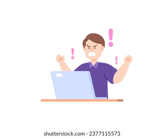A man is upset and angry because his laptop has a problem. The boss is angry because the task his employee did was wrong. broken laptop. facial expressions. flat or cartoon illustration design. vector