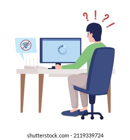 Man upset with no wifi semi flat color vector character. Sitting figure. Full body person on white. Home problem isolated modern cartoon style illustration for graphic design and animation