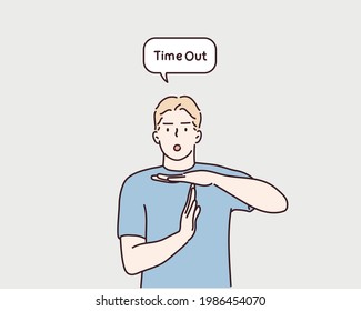 man upset showing a timeout gesture, needs stop, asks time for rest after hard work, demonstrates break hand sign. Hand drawn style vector design illustrations. svg