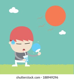 A man uptake to water under hot weather, Vector cartoon business