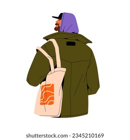 Man in urban fashionable outfit walks in city, shopping with trendy canvas eco bag, back view. People with shopper. Modern bearded person in hood. Flat isolated vector illustration on white background