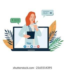 Composición plana de la urología del hombre con el médico de dibujos animados en pantalla portátil con burbujas de chat e ilustración vectorial de fondo floral