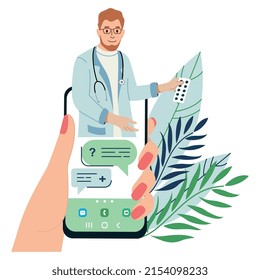 Man urology flat composition with male doctor character chat bubbles and pills in smartphone screen hand vector illustration