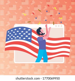 man with usa flag celebrating 4th of july in web browser window american independence day celebration concept portrait vector illustration