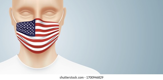 Man With USA Flag Face Mask, Standing On A Gray Gradient Background. Closeup Shot Of A Person, With A Virus Protection Medical Mask On His Face. Patriotic Healthcare Banner Vector Design.