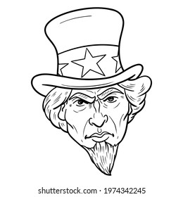 man with usa top hat and goatee. isolated, outline, comic.