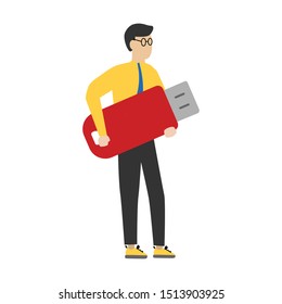 Man with USB flash.Flat cartoon character isolated on white background 