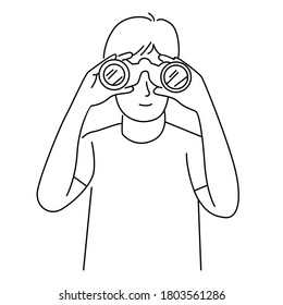Man use binoculars. Vector line art illustration