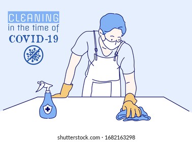 A Man To Use Of Cleaning Wipes Against COVID-19. Cleaning In The Time Of Coronavirus, Infection Control Concept. Hand Drawn Thin Line Style, Vector Illustrations.