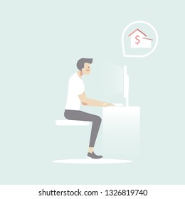 man use computer looking for a home online vector icon