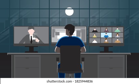 A man use computer screen work from home. Video conference meeting with boss and colleague in house at night. Alone in the dark and full moon light. City lifestyle of work hard overtime and overwork.