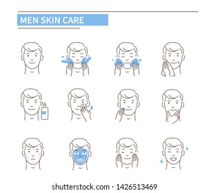 Man use different skin care products. Line style vector illustration isolated on white background.
