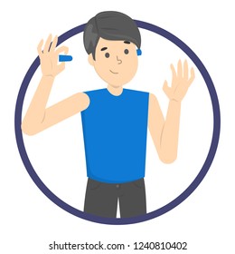 Man use earplug to reduce noise and sleep good. Happy person in blue shirt. Isolated flat vector illustration