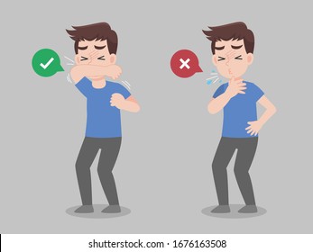 Man use elbow cover mouth before sneeze and don't do. color speech bubble like do and don't. Healthy way to safe from virus infections. Health care concept.