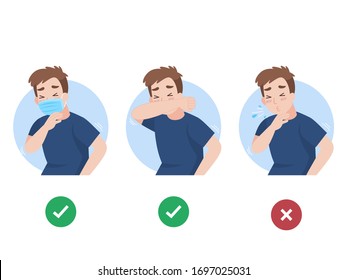 Man use elbow cover mouth before sneeze and don't do. color speech bubble like do and don't. people wearing a surgical mask for prevent corona virus, Health care concept.