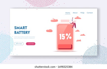 Man Use Electronic Equipment with Wifi Connection for Gadgets Landing Page Template. Male Character Working on Laptop Sitting at Huge Smartphone with Low Battery Charging. Cartoon Vector Illustration