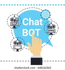 El Hombre Usa Un Bot De Chat Gratuito, Un Elemento Robot De Asistencia Virtual De Un Sitio Web O Aplicaciones Móviles, Ilustración Del Vector De Concepto De Inteligencia Artificial