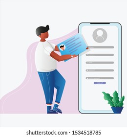 man use a id card to sign up account concept Vector Illustration, Suitable For Wallpaper, Banner, Background, Card, Book Illustration, And Web Landing Page