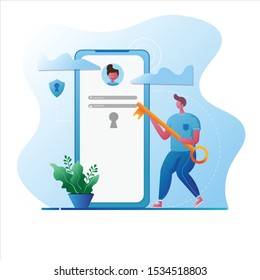 man use a key to sign in secure login concept Vector Illustration, Suitable For Wallpaper, Banner, Background, Card, Book Illustration, And Web Landing Page