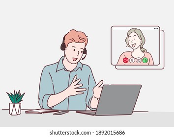 A man use laptop computer and video call with partner. He work from home because infection control coronavirus. Hand drawn in thin line style, vector illustrations.