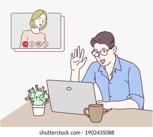 A man use laptop computer and video call with partner. He work from home because infection control coronavirus. Hand drawn in thin line style, vector illustrations.