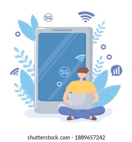 man use laptop high speed internet, 5 generation network vector illustration