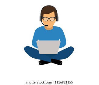 Man use laptop siting on white background vector flat design concept.