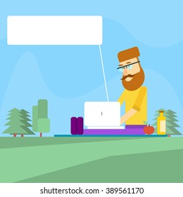 Man Use Laptop Sitting Grass Picnic In Park Computer Chat Bubble Flat Vector Illustration