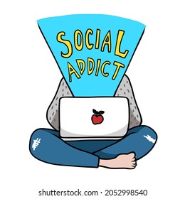 Man use laptop Social Addict cartoon vector illustration