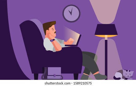 man use laptop while sit in sofa, business man work from home till late night in cartoon flat illustration vector