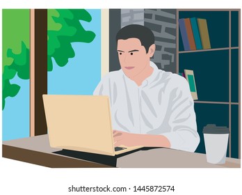 The man use a laptop to work beside the window and have a bright green tree beside the window