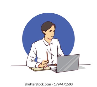 Man use laptops for various needs. Hand drawn style vector design illustrations.