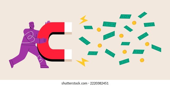 Man use large magnet to attract money. business concept. Colorful vector illustration
