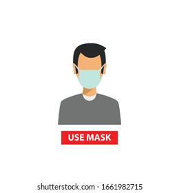 Man use mask vector. Vector Wear Face Mask sign for man. Warning sign recommend use of protective face mask in prevention vs virus infection in health care. Coronavirus protection mask