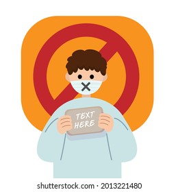 
A man use masking to close the mouth.  Concept of freedom of speech, don't say, do not speak, break free. Vector illustration.