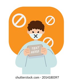 
A man use masking to close the mouth.  Concept of freedom of speech, don't say, do not speak, break free. Vector illustration.