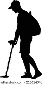 man use metal detector, vector silhouette 
