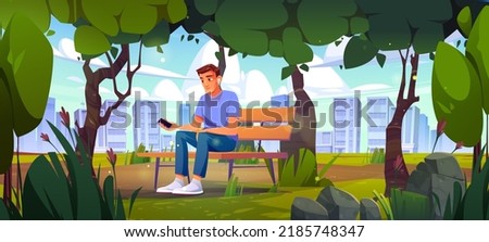 Man use mobile phone sitting on bench in city park. Vector cartoon illustration of summer landscape of public garden with green trees, grass, flowers, person with smartphone and earbuds