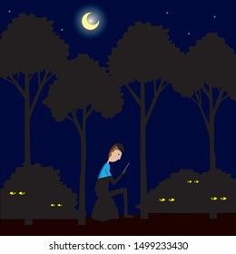 A man use mobile phone in the wood. Around him are darkness. There are some eyes looking at him.