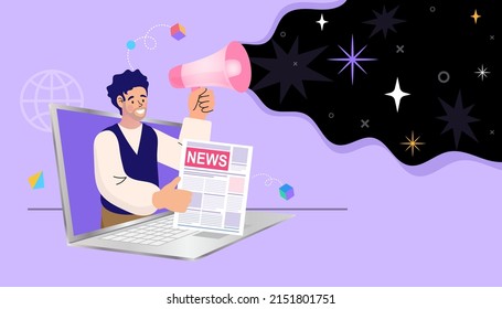 Man use news application on computer. Woman with loud speaker share latest or hot news online on laptop screen. Flat design vector graphic style illustration.