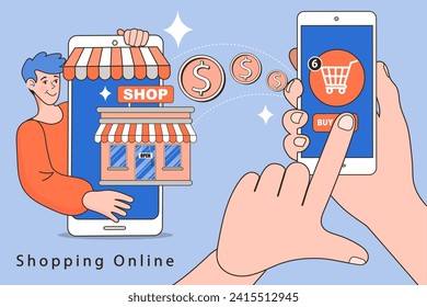 Man use online shopping services. Smartphone marketing and e-commerce. People sending and receiving money. delivery service concept. Shopping online. Vector illustration.