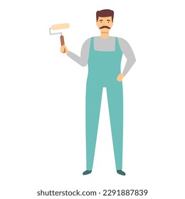 Man use paint roller icon cartoon vector. House repair. Worker job