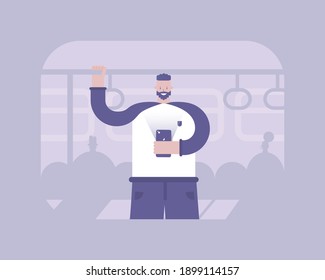 Man use phone in metro. Underground. Rest and relaxation after a day's work.  Vector illustration for telework, remote working and freelancing, business, start up, social media and blog
