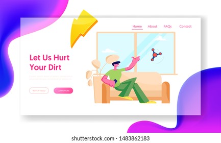Man Use Robot in Household Chores Website Landing Page. Smart Technologies in Human Life. Automated Window Cleaner Doing Housework. Internet of Things Web Page Banner. Cartoon Flat Vector Illustration