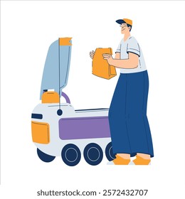 Man Use Robot Online Delivery Service Vector Illustration